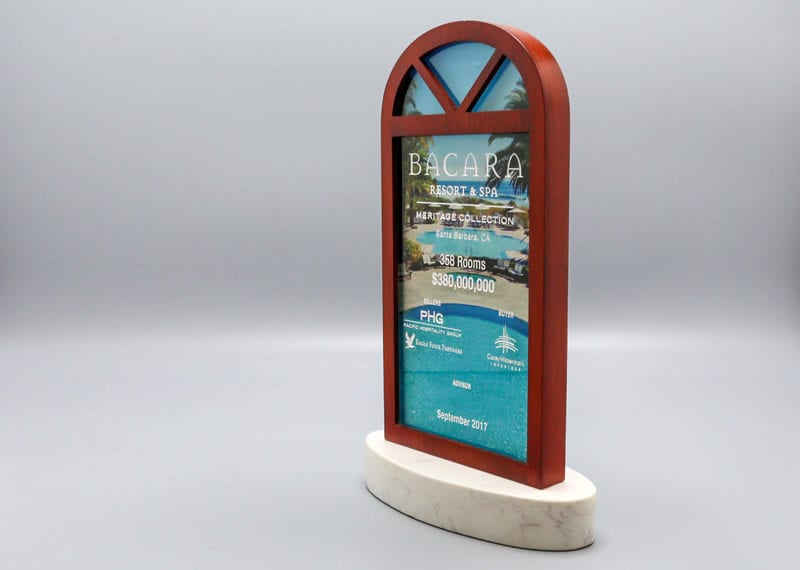 Marble base, crystal financial deal tombstone with wood frame